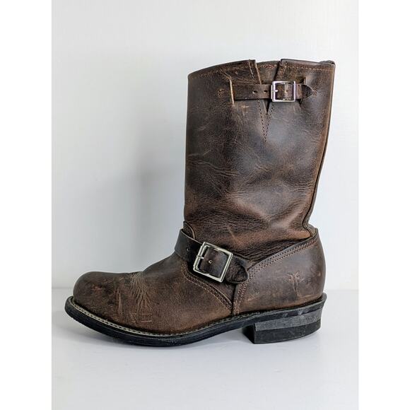 Frye Shoes - Frye Engineer 12R Boots 8 Brown Leather Tall Moto Buckle Vintage Patina USA